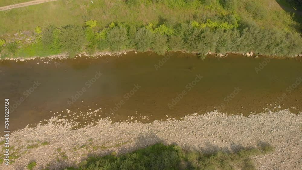 Aerial pan down river flowing in Europe suggesting a drought. Aerial pan down river flowing in Europe suggesting a drought.