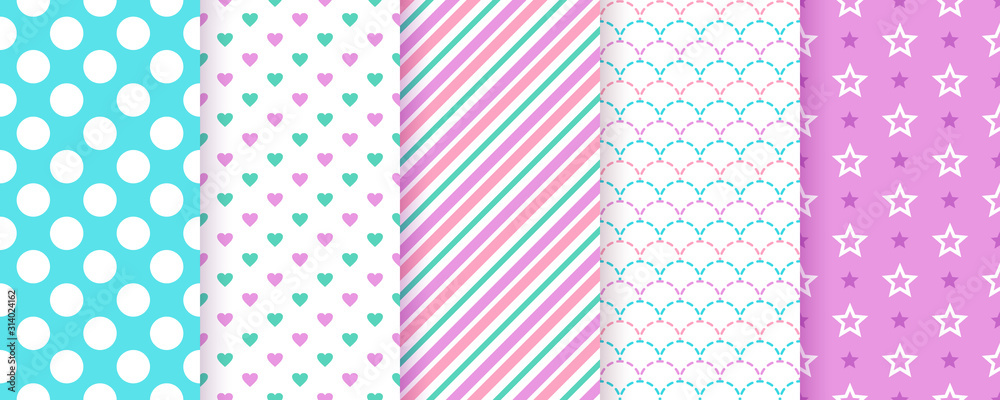 Scrapbook background. Seamless pattern. Vector. Cute scrap design. Textures with polka dot, stripe, heart, star, fish scale. Chic packing paper. Trendy blue purple print. Color backdrop illustration. Scrapbook background. Seamless pattern. Vector. Cute scrap design. Textures with polka dot, stripe, heart, star, fish scale. Chic packing paper. Trendy blue purple print. Color backdrop illustration.