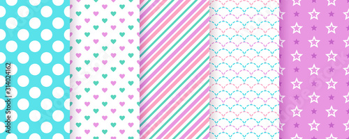 Scrapbook background. Seamless pattern. Vector. Cute scrap design. Textures with polka dot, stripe, heart, star, fish scale. Chic packing paper. Trendy blue purple print. Color backdrop illustration.