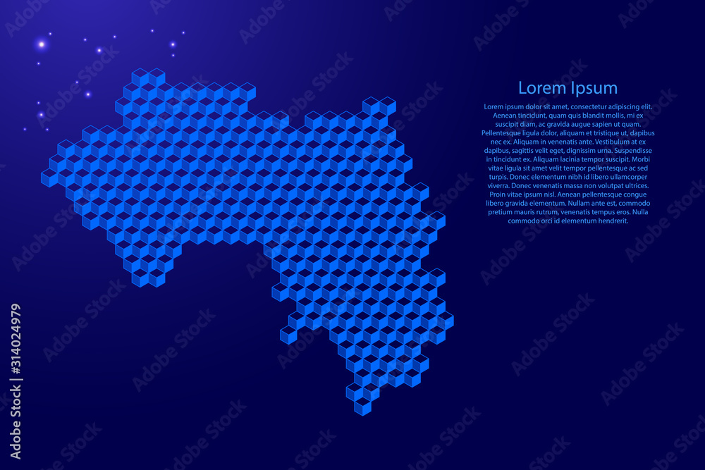 Guinea map from 3D classic blue color cubes isometric abstract concept, square pattern, angular geometric shape, glowing stars. Vector illustration.