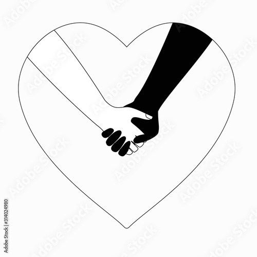 Hand in hand black and white on the heart. Holding hands a couple of lovers or friends. The concept of love and friendship, support and mutual assistance, interracial relations. Stock vector isolated.