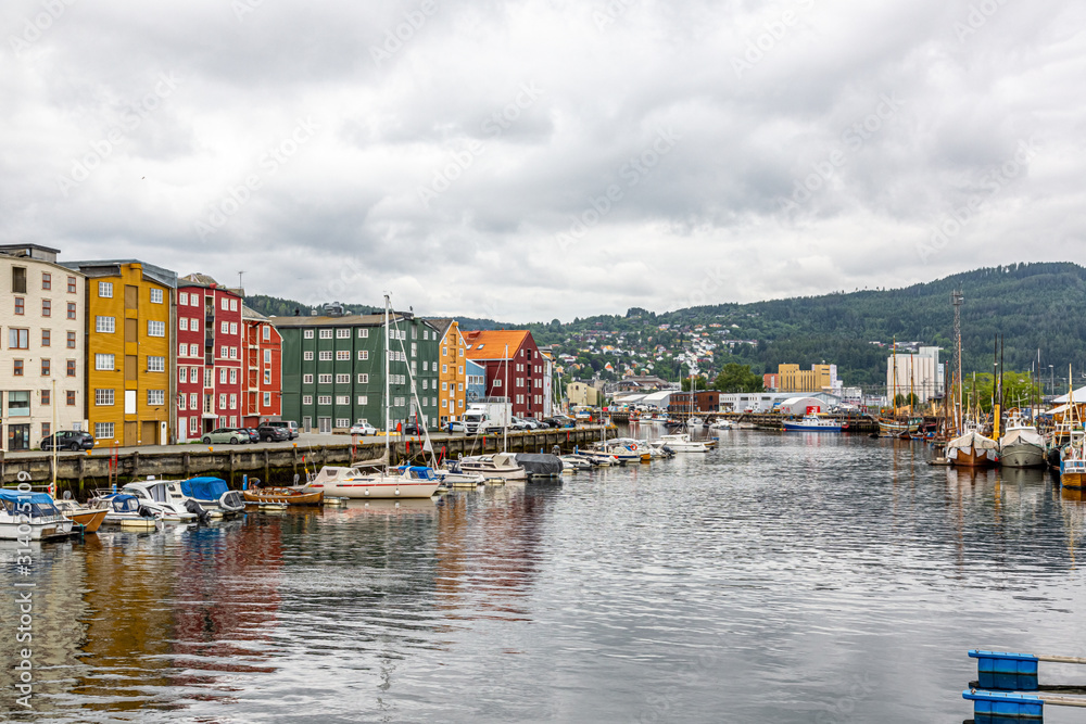 View on colorful pole houses in the Norwegian city of Bergen in summer