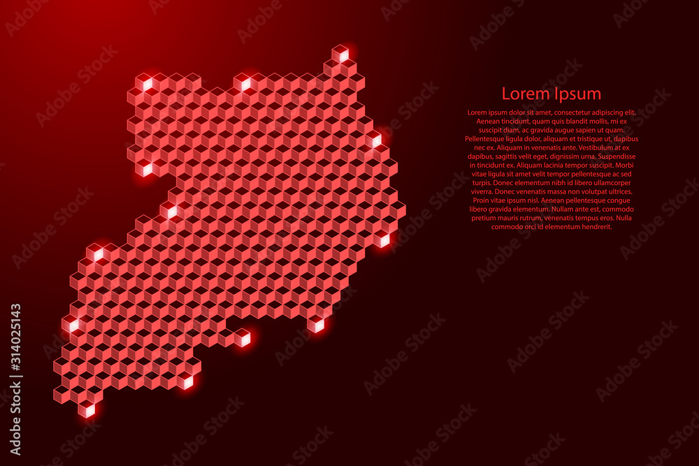 Uganda map from 3D red cubes isometric abstract concept, square pattern, angular geometric shape, for banner, poster. Vector illustration.