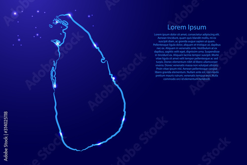 Sri Lanka map from the contour classic blue color brush lines different thickness and glowing stars on dark background. Vector illustration.