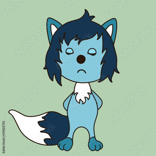 an emoticon with a cool offended wolf with blue wool that stands with its eyes closed and hands clasped behind its back, color clip art on a isolated background