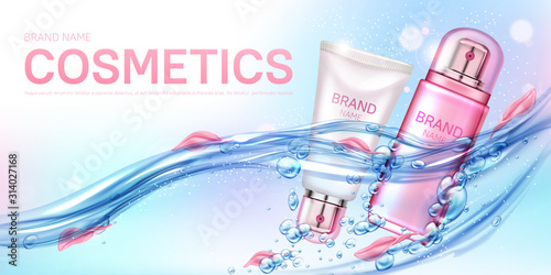 Cosmetics bottles floating in water with rose petals and air bubbles mockup background. Beauty cosmetic product tubes, makeup remover, cream or tonic ad poster Realistic 3d vector illustration, banner