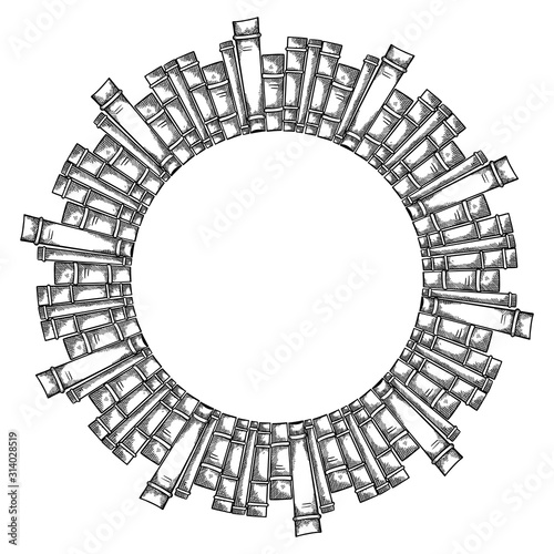 Round border from books with hatching. Engraving bookshelf in circle. Knowledge and wisdom. Element for library and interior. Vector object for frames, banners, cards and your design.