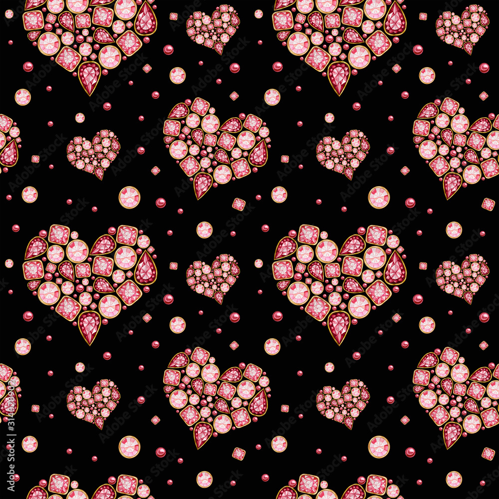 Fototapeta premium Seamless pattern Watercolor Heart from red pink crystal with gold element on black background. Fashion brilliant Beautiful jewelry. Wedding Love or Valentine's Day banner, poster, card texture fabric