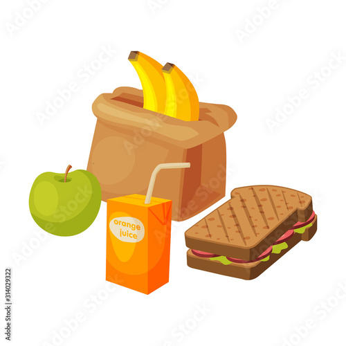 Paper Bag Package with Healthy Breakfast, Orange Juice, Apple, Banana, Sandwich Vector Illustration