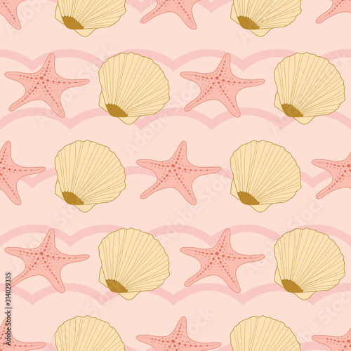 Seamless nautical pattern with seashells and starfish on pink waves background