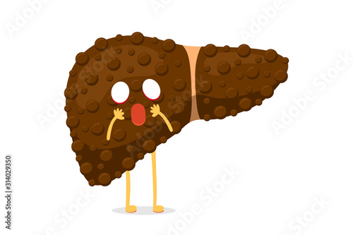 Sick unhealthy cartoon liver character suffers from cirrhosis or hepatitis and suffering pain. Human exocrine gland organ destruction concept. Vector hepatic degenerative mascot illustration