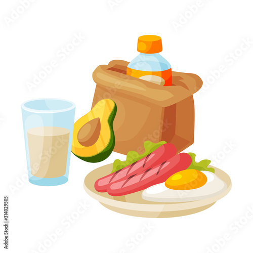 Healthy Breakfast, Paper Bag Package with Bottle of Drink, Avocado, Sausages and Fried Egg on a Plate Vector Illustration