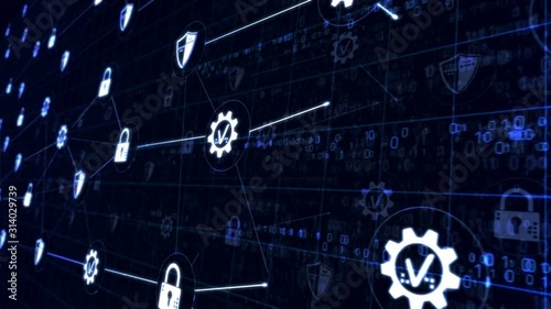 Modern concept of cyber security, digital protection and computer safety. Connection line with cyber symbols 3d rendering animation. Loopable seamless futuristic digital background.