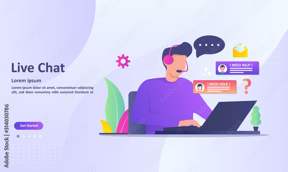 Customer Support concept design, Operator with headset doing live feedback, hotline operator advises client, Suitable for web landing page, ui, mobile app, banner template. Vector Illustration