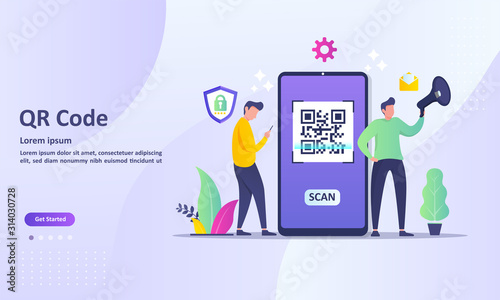 QR Code scanning concept with people scan code using smartphone. Suitable for web landing page, ui, mobile app, banner template. Vector Illustration