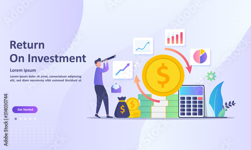 ROI concept, Return on investment, people managing financial chart, profit income,  Suitable for web landing page, ui, mobile app, banner template. Vector Illustration.  photo