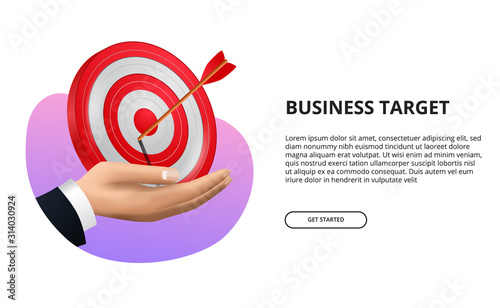 Hand holding 3D red target board with archery arrow illustration. Business successful and targeting and achieve a goal