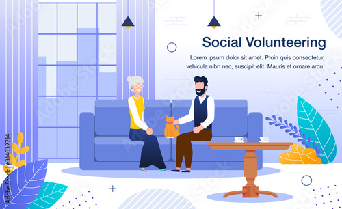 Welfare Volunteering and Social Work Service Trendy Flat Vector Banner, Poster Template. Male Volunteer, Young Man Talking, Spending Time with Lonely Lady, Visiting at Home Senior Woman Illustration