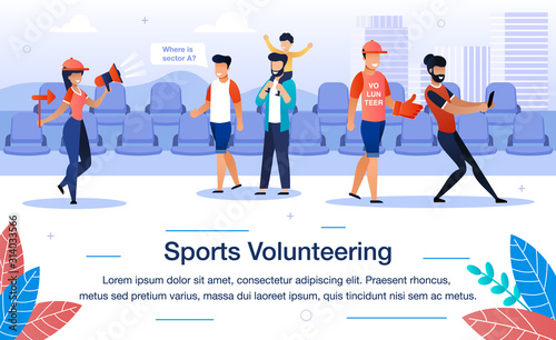 Welfare Sports Volunteering Trendy Flat Vector Banner, Poster Template. Female, Male Volunteers Helping Tourists or Event Guests to Find Their Seats on Stadium During Game or Competition Illustration