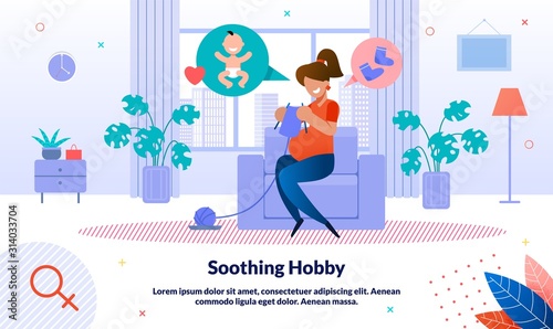 Soothing Hobby in Pregnancy Period Trendy Flat Vector Banner, Poster Template. Happy Pregnant Woman Knits Socks at Home, Lady Engaged in Hobby, Future Mother Preparing for Childbirth Illustration