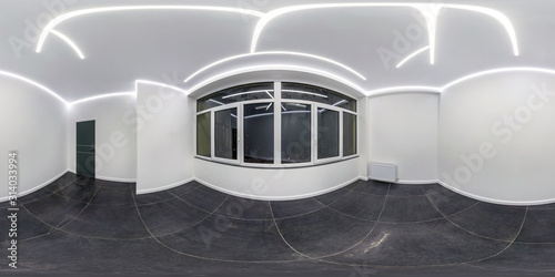 empty white room without furniture with big windows. full seamless spherical hdri panorama 360 degrees in interior room in modern apartments in equirectangular projection