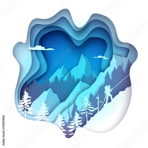 Mountaineering vector illustration in paper art style
