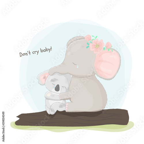 Hand drawn elephant huging sad koala.