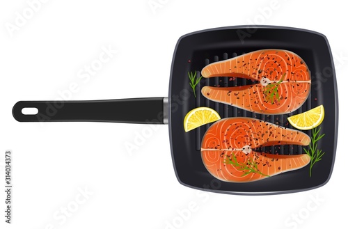 Grill pan with salmon fish steaks, vector isolated realistic illustration