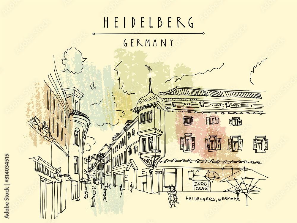 Heidelberg, Germany, Europe. Town square with side walk cafes in the old town. Travel sketch of vintage street and baroque buildings. Vintage hand drawn postcard