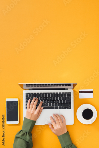 Woman working at home office. Female hands on the keyboard.