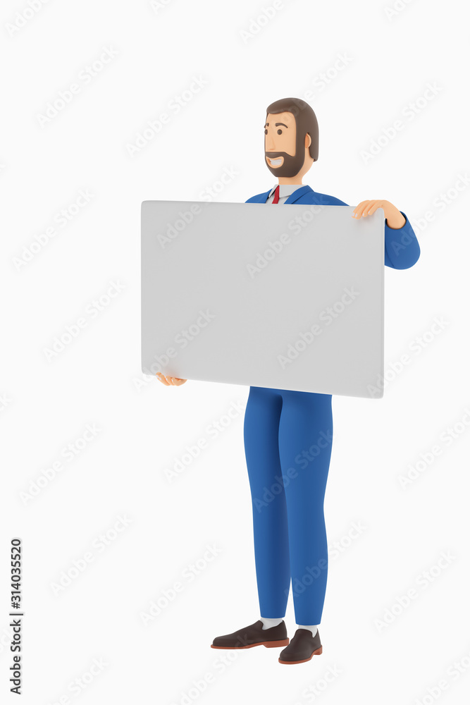 A drawn cartoon businessman is holding a business card, blank form or credit card. Businessman in a suit with an unusual look. 3D rendering A drawn cartoon businessman is holding a business card, blank form or credit card. Businessman in a suit with an unusual look. 3D rendering
