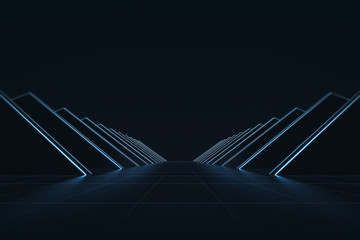 Abstract futuristic with glowing neon light and grid line pattern background. Technology style or geometric backdrops. 3D rendering.
