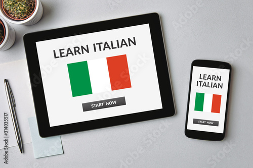Learn Italian concept on tablet and smartphone screen