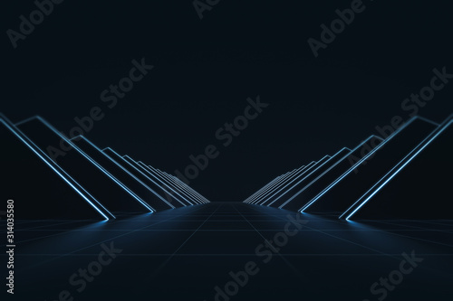 Abstract futuristic with glowing neon light and grid line pattern background. Technology style or geometric backdrops. 3D rendering.