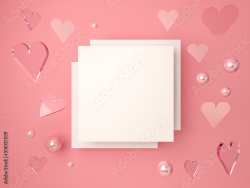 3d minimal Valentine’s scene, romantic hearts falling. Abstract scene gold pink and glass shapes with blank space for banner, pink pastel colors backgroud. Empty mock up, love card concept. 3d render. © Mamba Azul