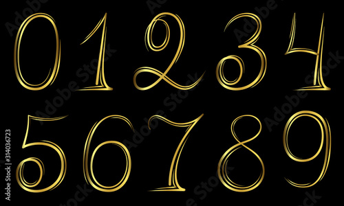 Numbers set from 0 to 9 in hand drawn calligraphy style in gold on a black background. Vector design template elements