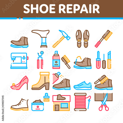 Shoe Repair Equipment Collection Icons Set Vector Thin Line. Shoes Repair Tools And Scissors, Sewing Machine And Hammer, Cream And Brush Concept Linear Pictograms. Color Contour Illustrations