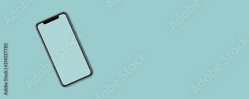 Top view smartphone screen mockup with blank screen on wide background. With space for your design. 3D rendering.