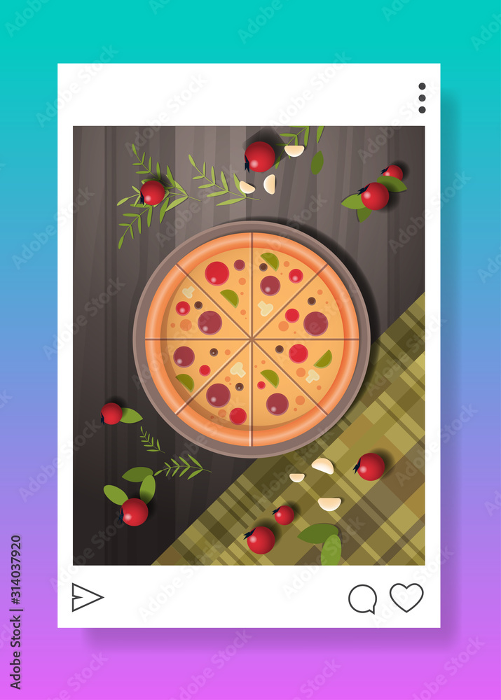 Obraz premium photo of prepared tasty pizza for blog food blogging social media concept food hunter review vertical vector illustration