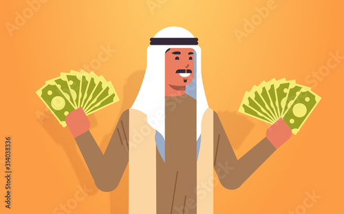 excited arabic man holding money bills financial success wealth concept rich businessman with dollar banknotes horizontal portrait vector illustration