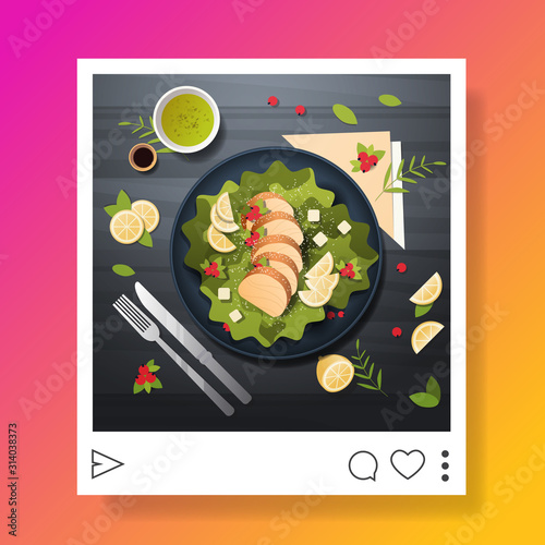 photo of fresh salad prepared dish for blog food blogging social media concept food hunter review vector illustration