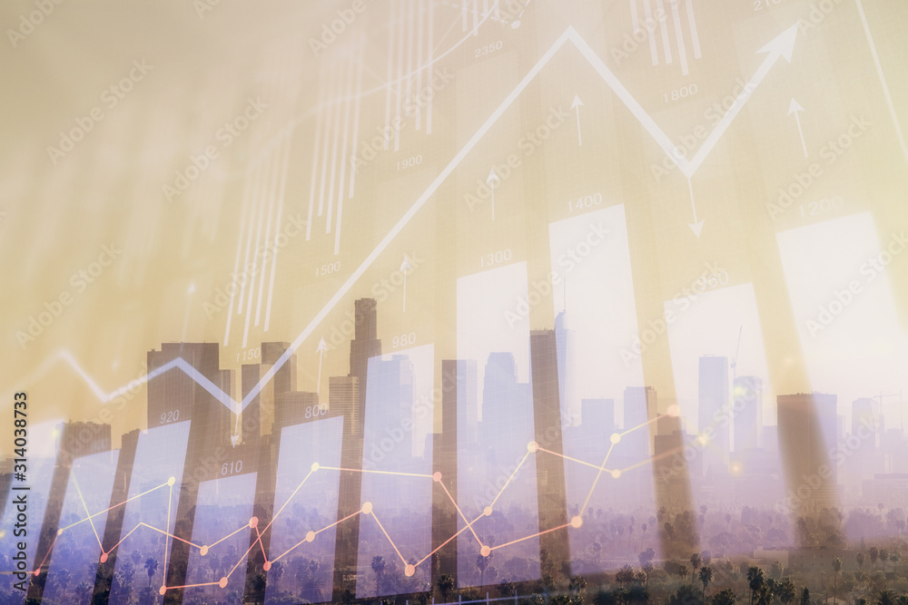 Forex chart on cityscape with skyscrapers wallpaper double exposure. Financial research concept. Forex chart on cityscape with skyscrapers wallpaper double exposure. Financial research concept.