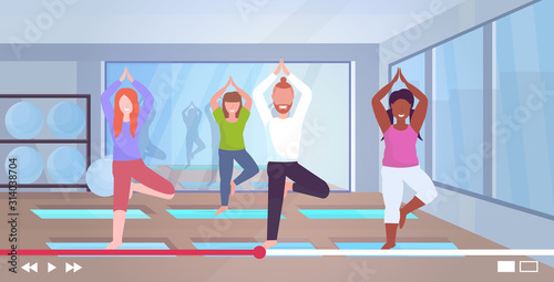 people doing yoga asanas recording online video for blog healthy lifestyle live streaming workout concept mix race men women doing fitness modern gym interior horizontal full length vector