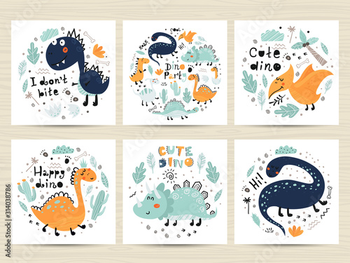 Set of posters with cute dinosaurs and letterings.