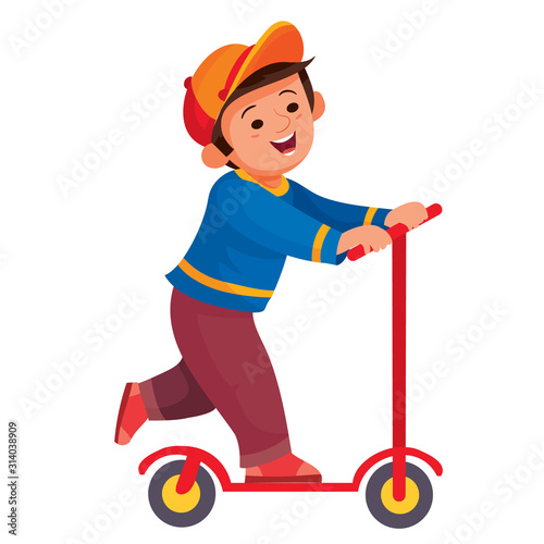 little boy in a red cap happy rides a scooter, isolated object on a white background