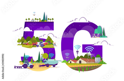 smart farm with drones tractors combine harvester 5g wireless internet connection automation farming concept innovation technology agricultural company horizontal vector illustration