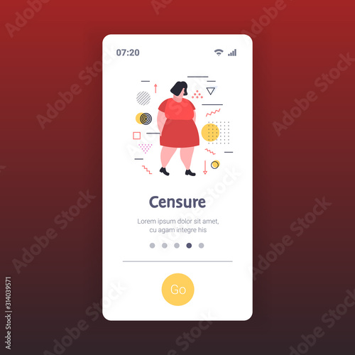 depressed overweight woman being bullied upset fat female character peer violence victim of bullying mocking public disapproval censure concept smartphone screen online mobile app full length vector