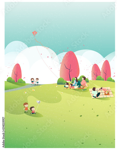 People relaxing in nature in spring time at the park.Poster of spring .Family outing to the park or picnic.Kid play kite,butterfly and apple flower blossom.People in spring concept.