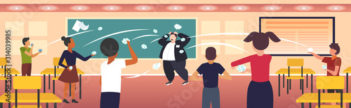 pupils demonstrating bad behavior throwing papers mocking and teasing male teacher during lesson bullying public disapproval concept school classroom interior horizontal vector illustration