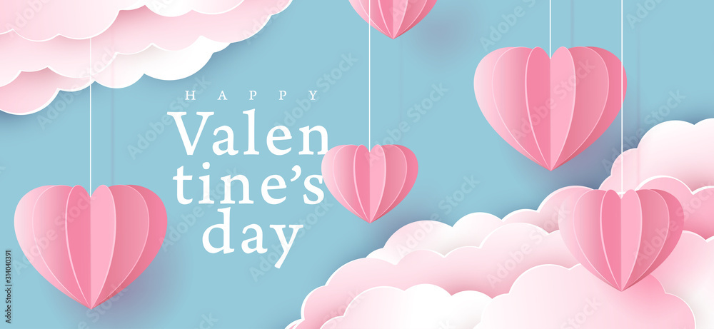 Valentines day background.Origami made heart hanging on the cloud. Vector illustration.banners.Wallpaper.Paper cut style.